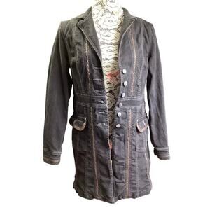 Motto women's long denim jacket faux leather accent button black S-‎